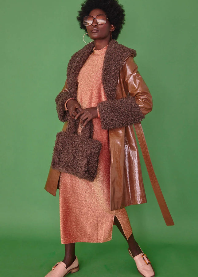 Chocolate Faux Leather Trench Coat with Faux Shearling Collar and Cuffs-0