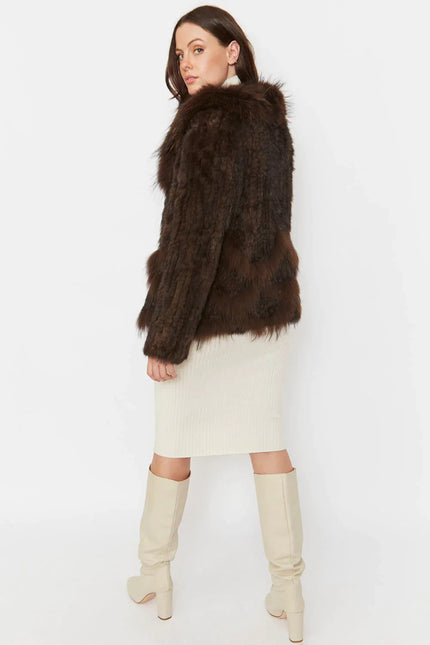 Chocolate Scalloped Coney Fur Jacket With Fox Fur Collar-3