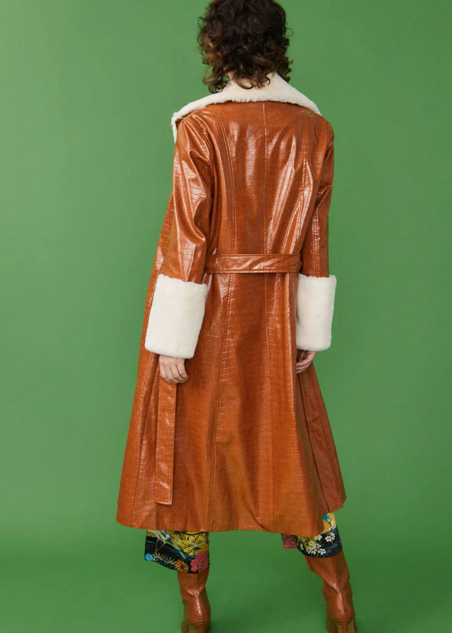 Choocolate Faux Leather Maxi Coat with Fur Cuffs and Collar-3