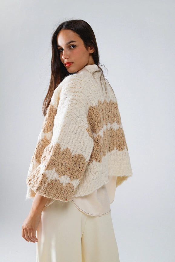 Chunky Knit Striped Cardigan with Sequin Details in Cream