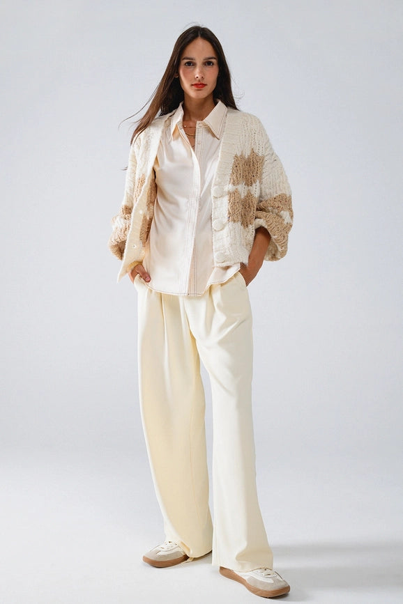 Chunky Knit Striped Cardigan with Sequin Details in Cream