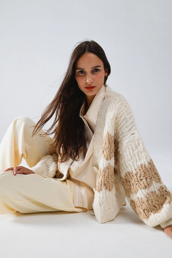 Chunky Knit Striped Cardigan with Sequin Details in Cream