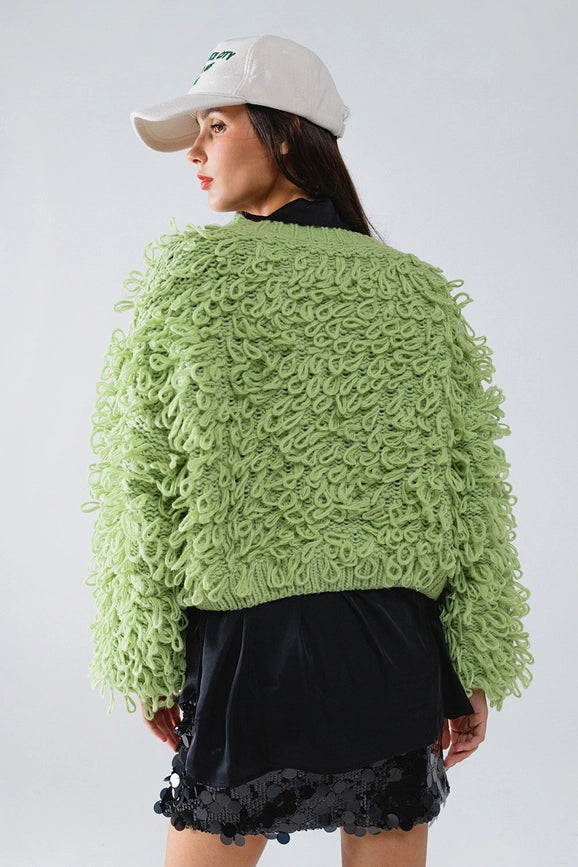 Chunky Textured Cardigan in Green with Long Fringe