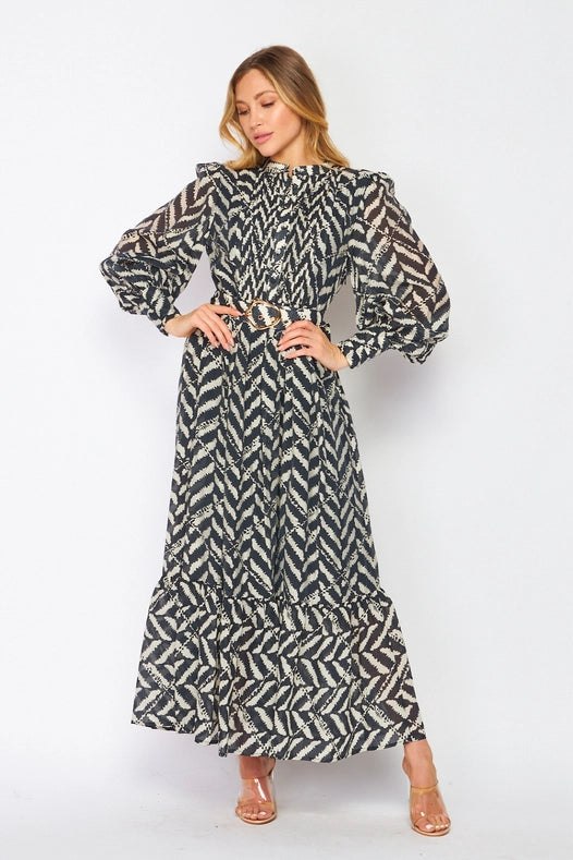 Classic Chevron Print Long Sleeve Maxi Dress Black