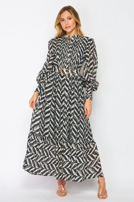 Classic Chevron Print Long Sleeve Maxi Dress Black