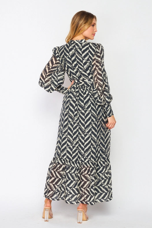 Classic Chevron Print Long Sleeve Maxi Dress Black