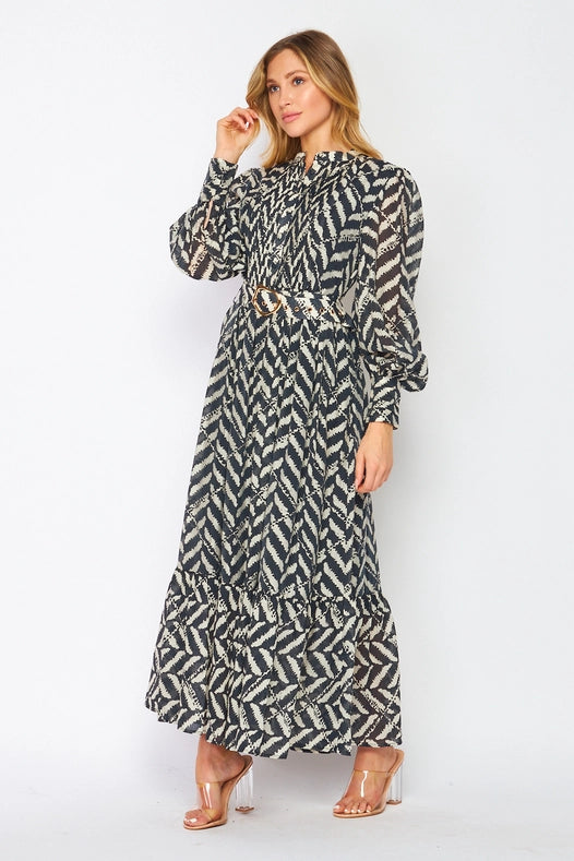 Classic Chevron Print Long Sleeve Maxi Dress Black