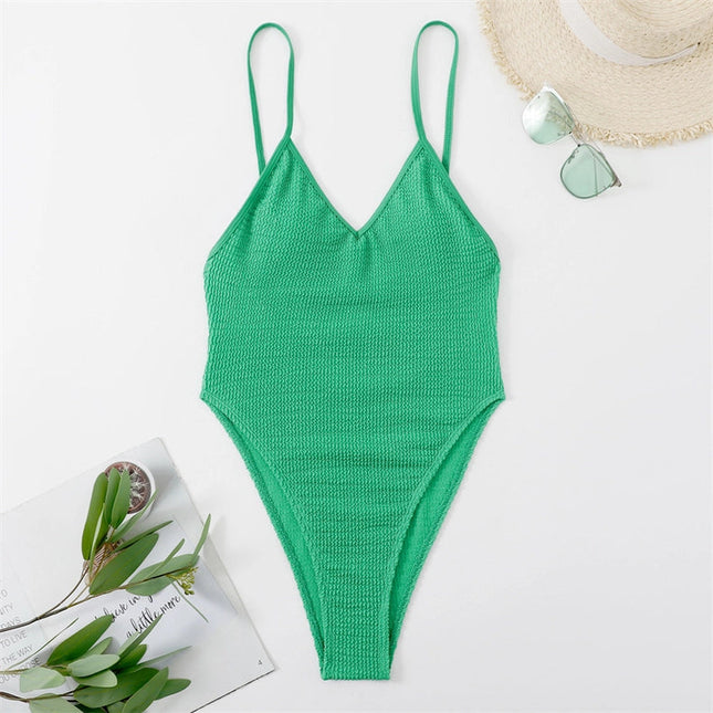 Classic Wrinkle Solid Color One Piece Swimwear