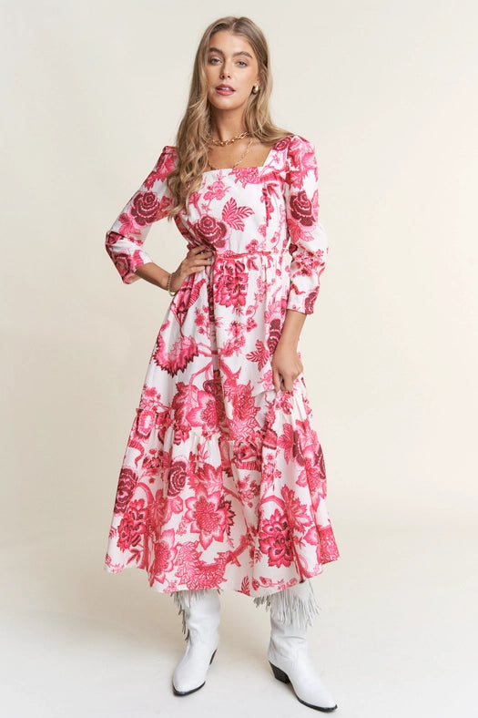 Classy Floral Tiered Long Sleeve Midi Dress