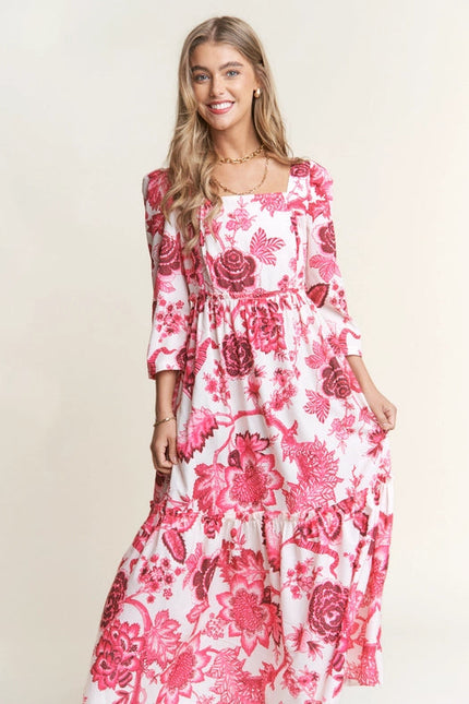 Classy Floral Tiered Long Sleeve Midi Dress