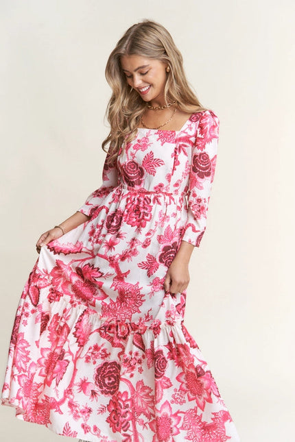 Classy Floral Tiered Long Sleeve Midi Dress