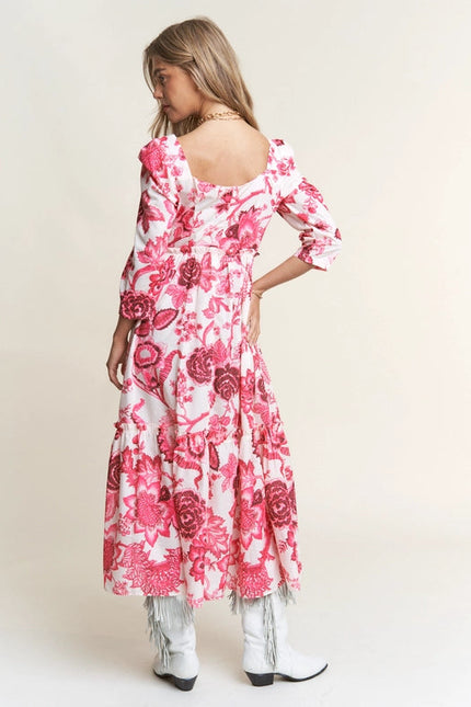 Classy Floral Tiered Long Sleeve Midi Dress