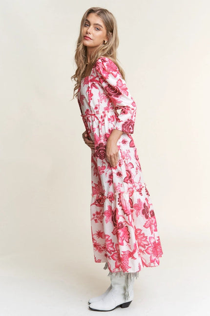 Classy Floral Tiered Long Sleeve Midi Dress