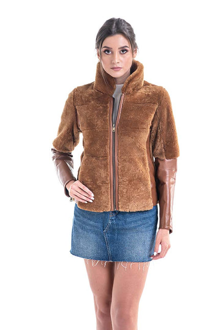 Cognac Lamb Shearling Leather Jacket-0