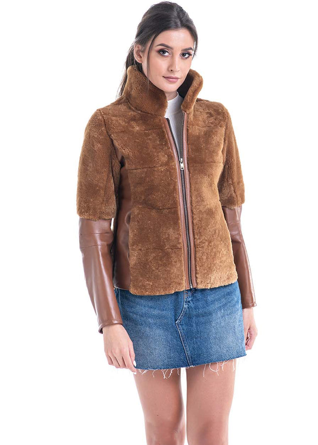 Cognac Lamb Shearling Leather Jacket-1