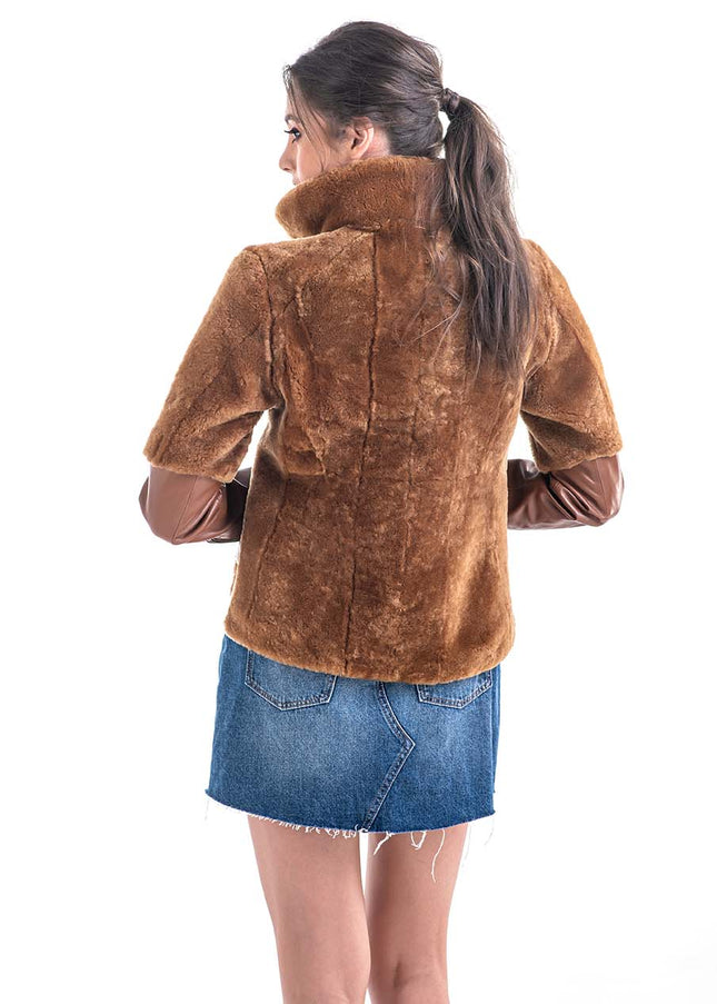 Cognac Lamb Shearling Leather Jacket-2