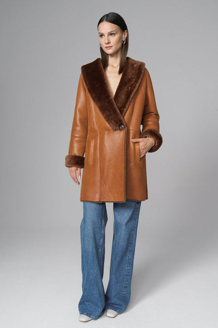 Cognac Lambskin Midi Coat with Merino Fur Collar-2