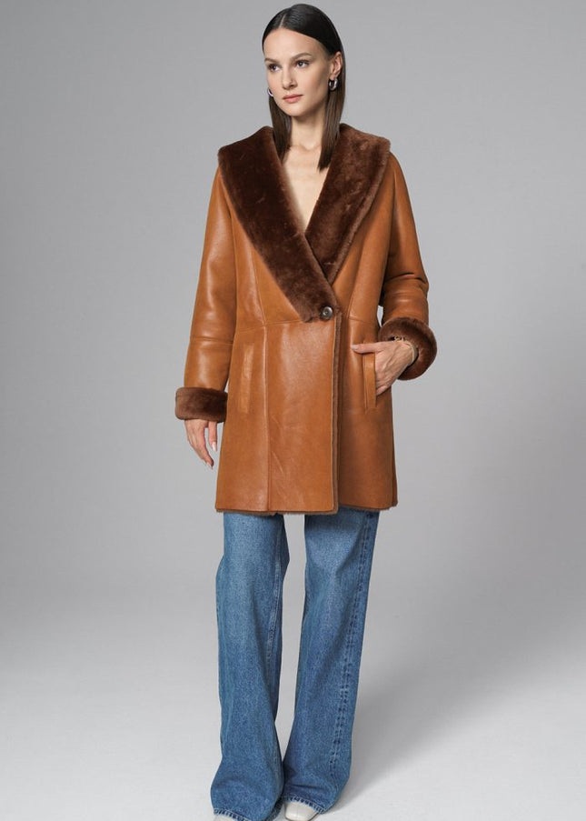 Cognac Lambskin Midi Coat with Merino Fur Collar-2