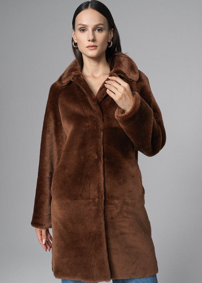 Cognac Reversible Genuine Merino Wool Sheepskin Midi Coat-0