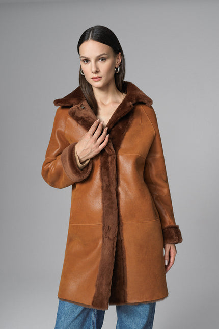 Cognac Reversible Genuine Merino Wool Sheepskin Midi Coat-1