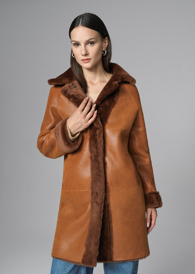 Cognac Reversible Genuine Merino Wool Sheepskin Midi Coat-1