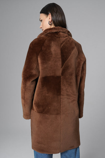 Cognac Reversible Genuine Merino Wool Sheepskin Midi Coat-2