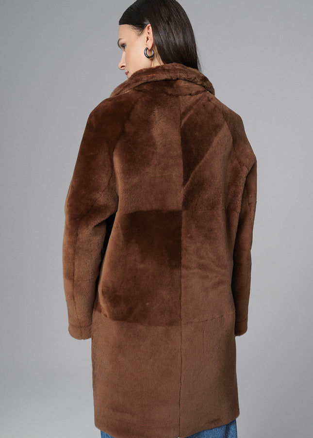 Cognac Reversible Genuine Merino Wool Sheepskin Midi Coat-2