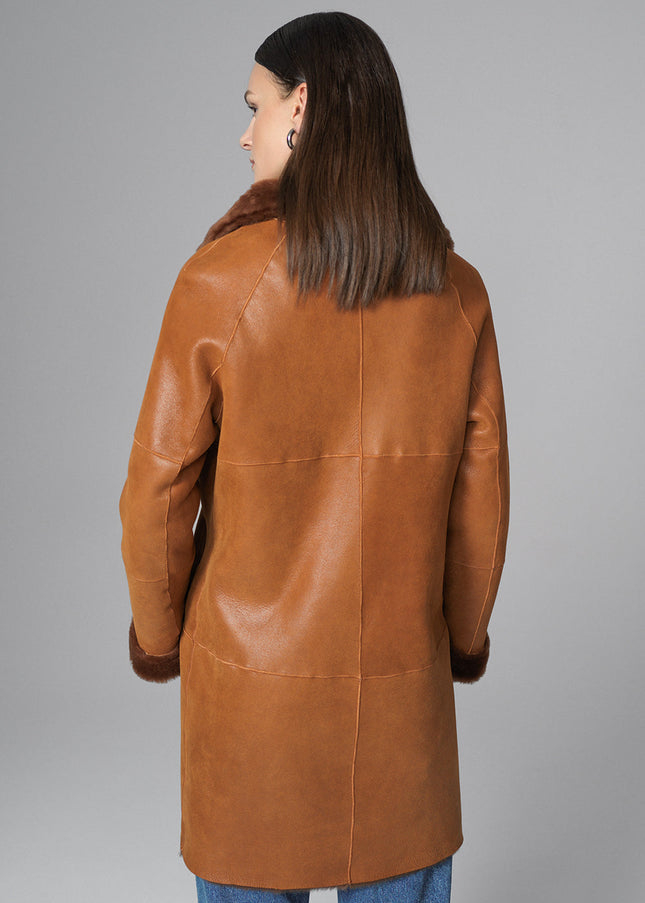 Cognac Reversible Genuine Merino Wool Sheepskin Midi Coat-3