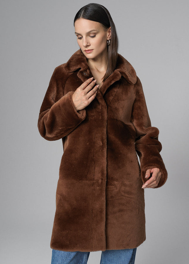 Cognac Reversible Genuine Merino Wool Sheepskin Midi Coat-4