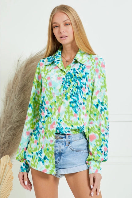 Collar Splash Print Casual Button Down and Long Sleeve Blouse GREEN MULTI