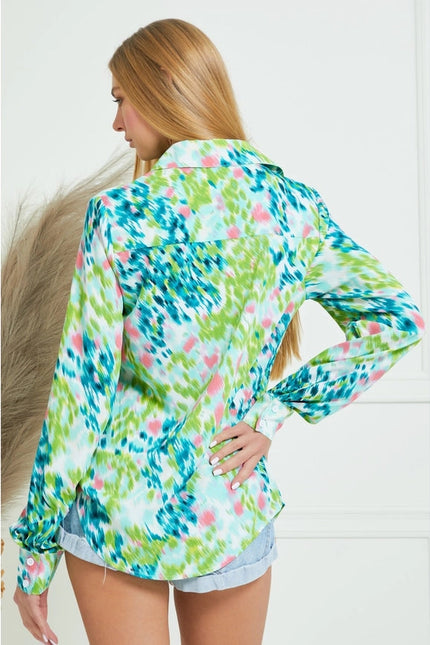 Collar Splash Print Casual Button Down and Long Sleeve Blouse GREEN MULTI