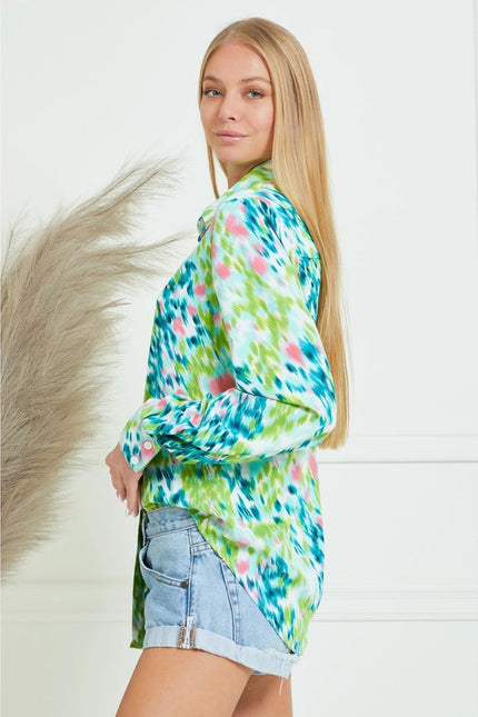 Collar Splash Print Casual Button Down and Long Sleeve Blouse GREEN MULTI