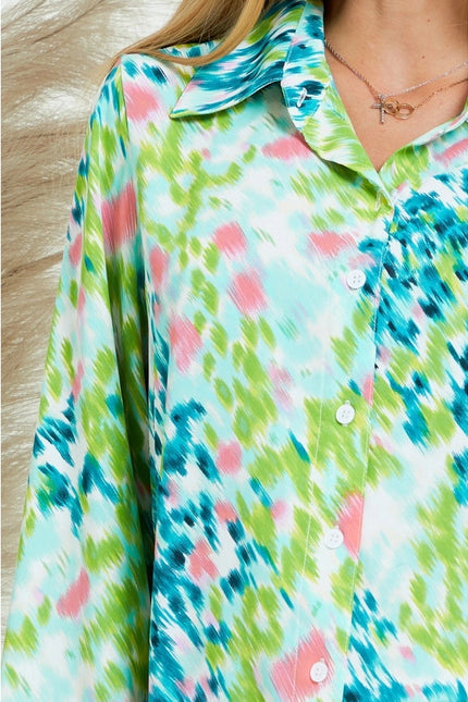 Collar Splash Print Casual Button Down and Long Sleeve Blouse GREEN MULTI