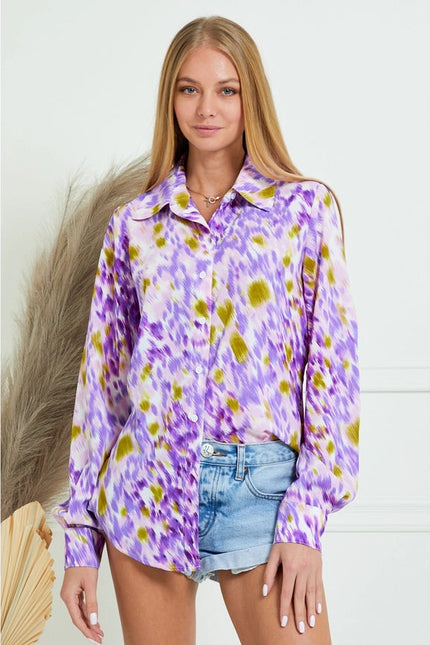 Collar Splash Print Casual Button Down and Long Sleeve Blouse LAVENDER MULTI