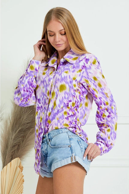 Collar Splash Print Casual Button Down and Long Sleeve Blouse LAVENDER MULTI