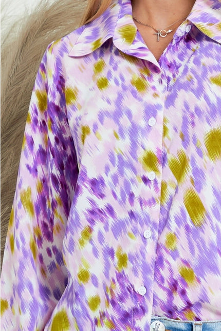 Collar Splash Print Casual Button Down and Long Sleeve Blouse LAVENDER MULTI