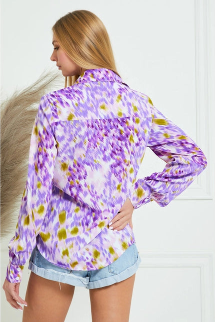 Collar Splash Print Casual Button Down and Long Sleeve Blouse LAVENDER MULTI