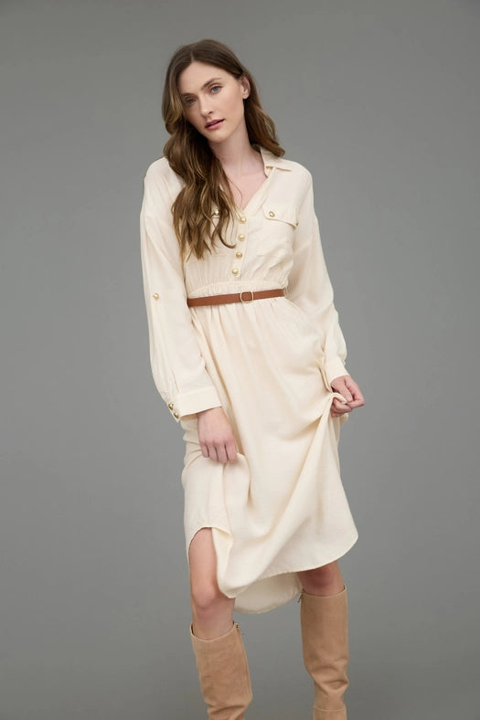 Collared Half Button 3/4 Sleeve Belted Midi Dress CREAM