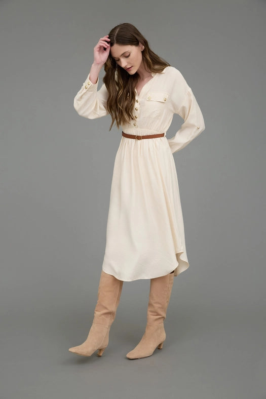 Collared Half Button 3/4 Sleeve Belted Midi Dress CREAM