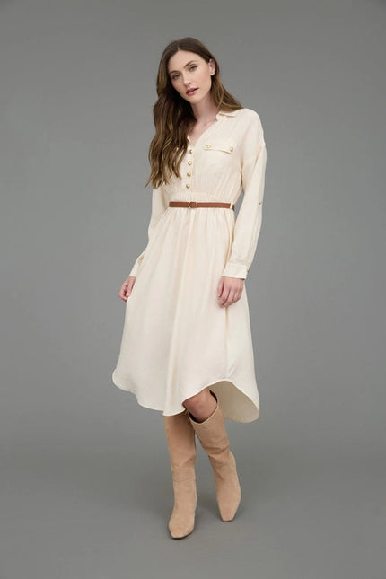 Collared Half Button 3/4 Sleeve Belted Midi Dress CREAM