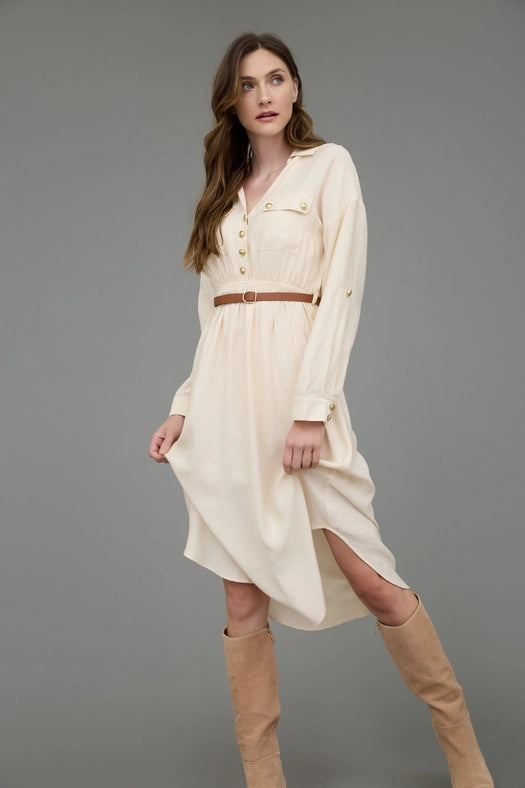 Collared Half Button 3/4 Sleeve Belted Midi Dress CREAM