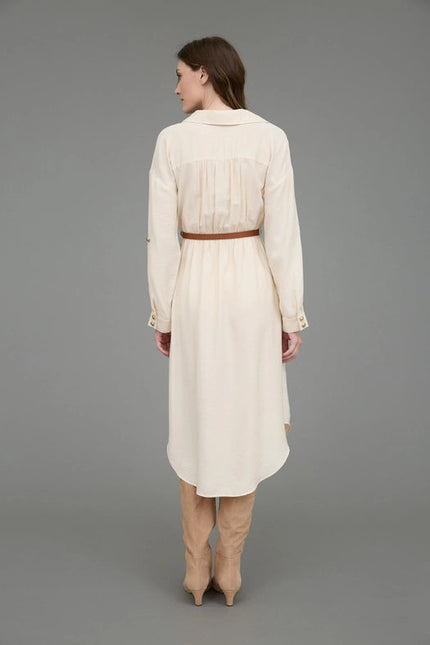 Collared Half Button 3/4 Sleeve Belted Midi Dress CREAM