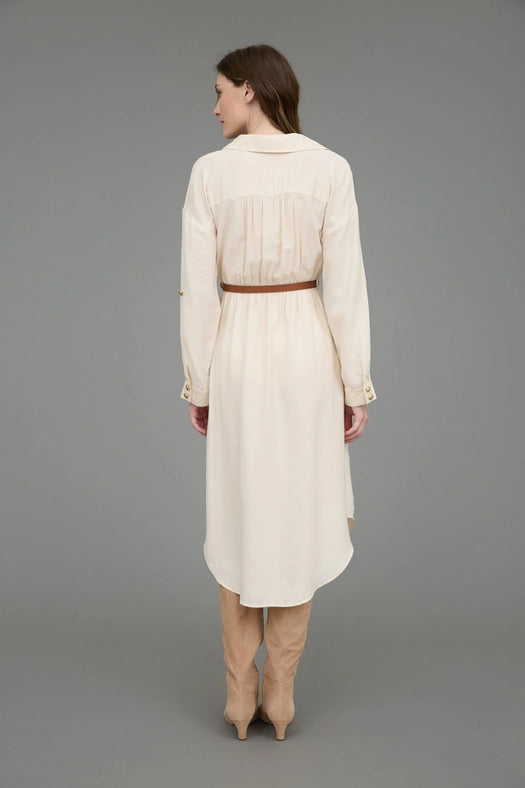 Collared Half Button 3/4 Sleeve Belted Midi Dress CREAM