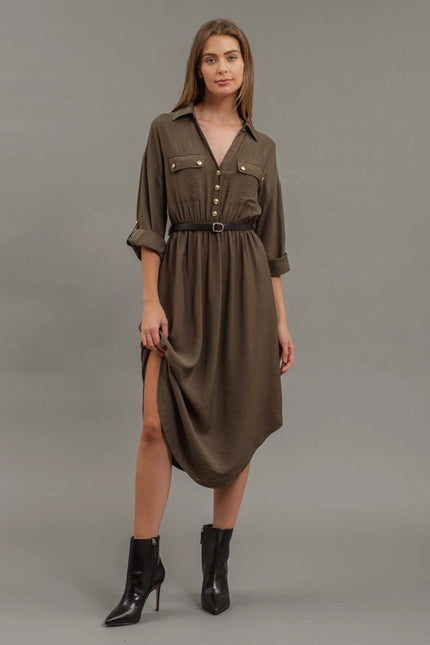 Collared Half Button 3/4 Sleeve Belted Midi Dress DARK OLIVE