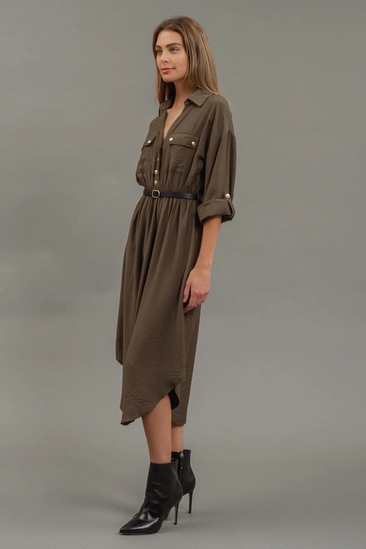 Collared Half Button 3/4 Sleeve Belted Midi Dress DARK OLIVE