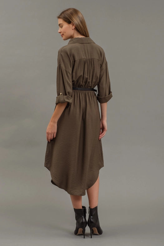 Collared Half Button 3/4 Sleeve Belted Midi Dress DARK OLIVE