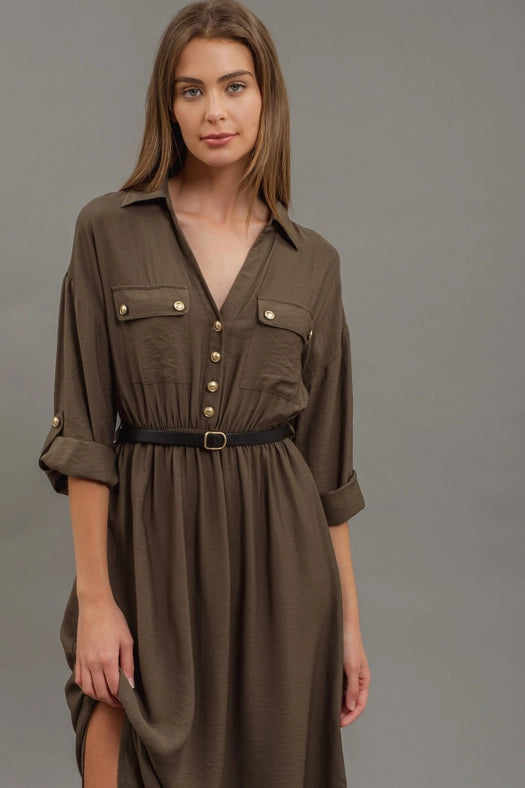 Collared Half Button 3/4 Sleeve Belted Midi Dress DARK OLIVE