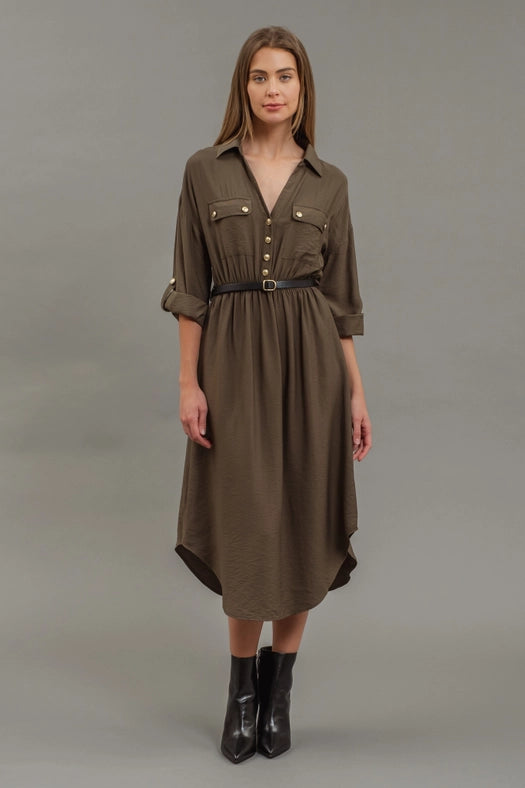 Collared Half Button 3/4 Sleeve Belted Midi Dress DARK OLIVE