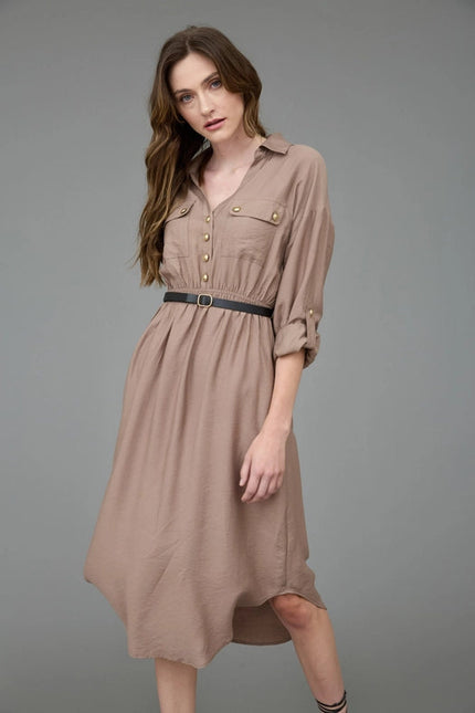 Collared Half Button 3/4 Sleeve Belted Midi Dress MOCHA