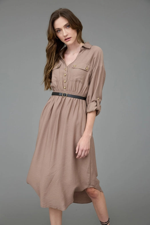 Collared Half Button 3/4 Sleeve Belted Midi Dress MOCHA